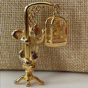 Vintage JJ Cat reaching for Bird in Dangling Bird Cage - gold tone